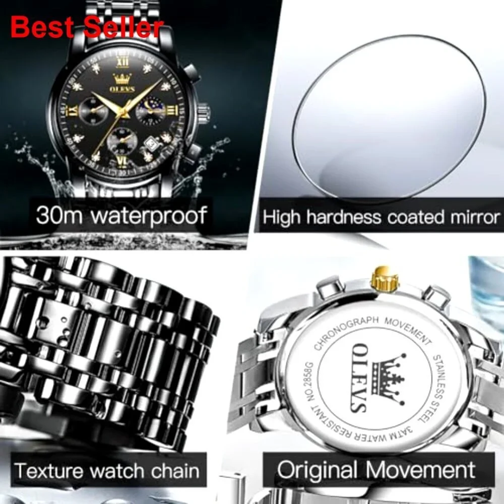 Stainless Steel Moon Phase Chronograph Watch with Date Display